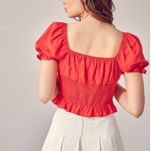 IDEM DITTO Red Balloon Sleeve Button Down Crop Top. Size Medium - Picture 3 of 3